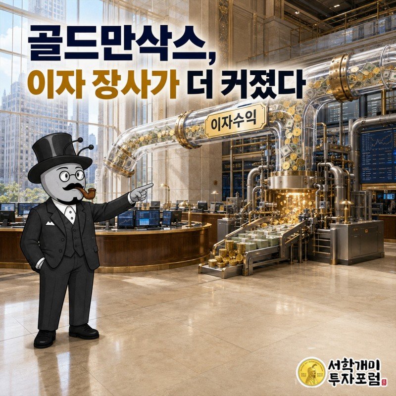 골드만삭스의 이자 장사가 커지고 순이익이 늘어난 모습을 담은 커버 일러스트