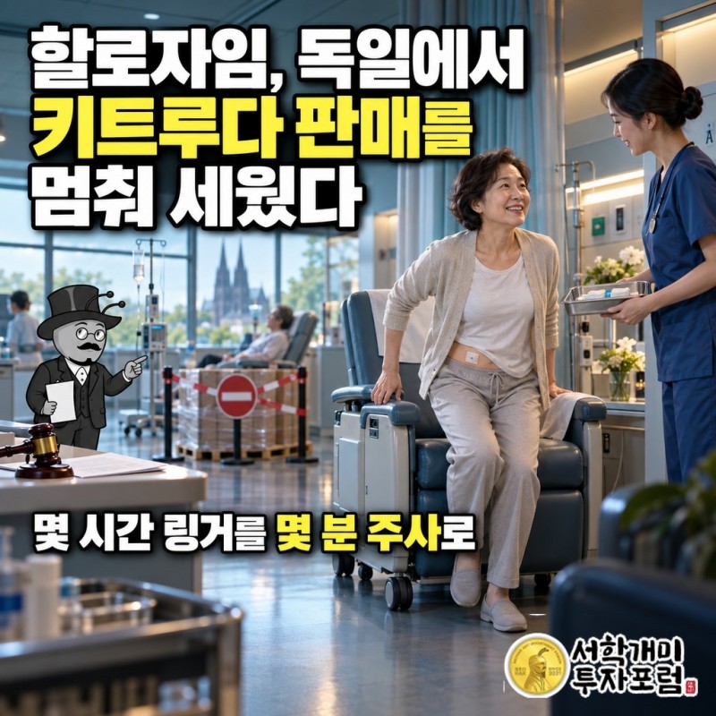 링거 대신 피하주사를 맞고 몇 분 만에 일어나는 환자와 할로자임, 몇 시간 링거를 몇 분 주사로 문구