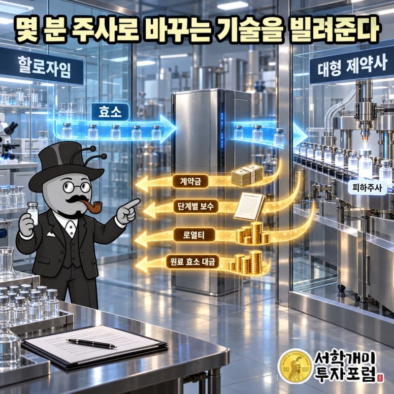 대형 제약사가 할로자임의 효소를 약에 얹고 계약금·단계별 보수·로열티·원료 효소 대금을 내는 돈의 흐름