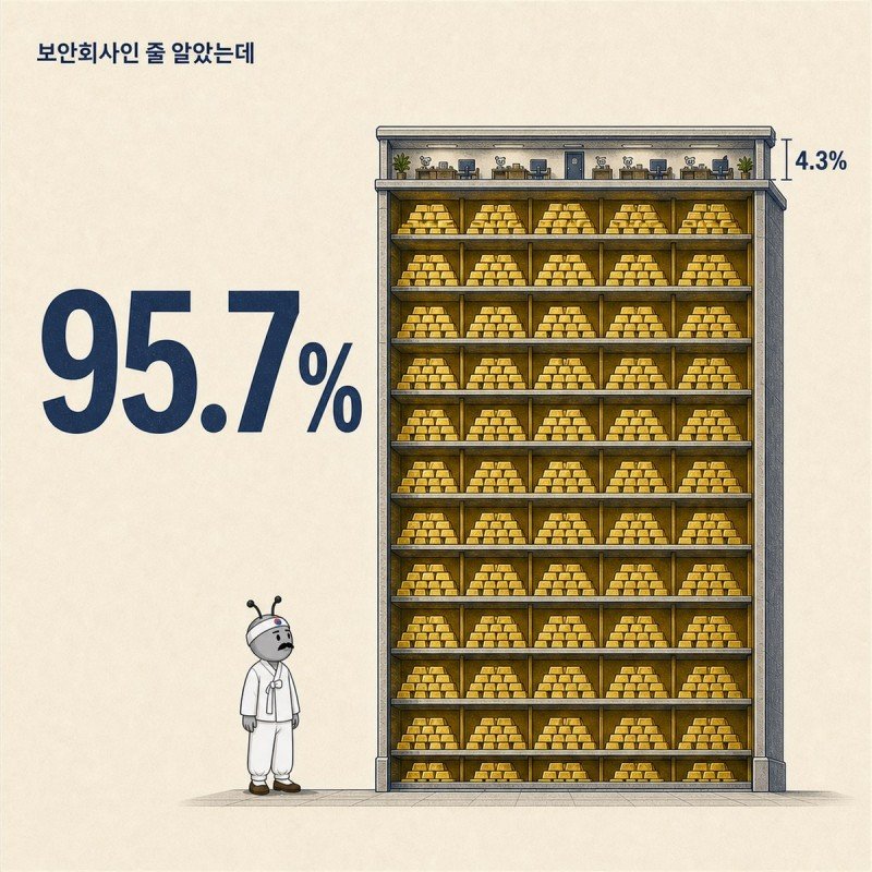 보안회사 건물을 세로로 가른 단면. 맨 위 한 층만 사무실이고 아래 전 층이 금괴로 차 있다