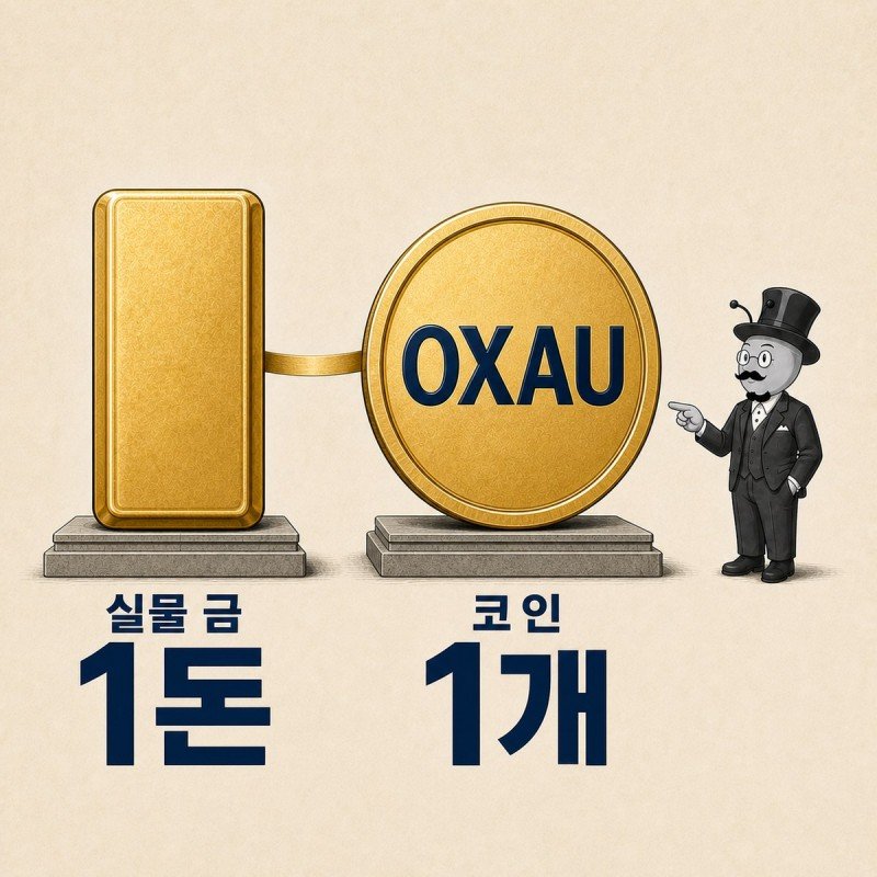 금괴 하나와 코인 하나가 등호로 이어진 그림. OXAU