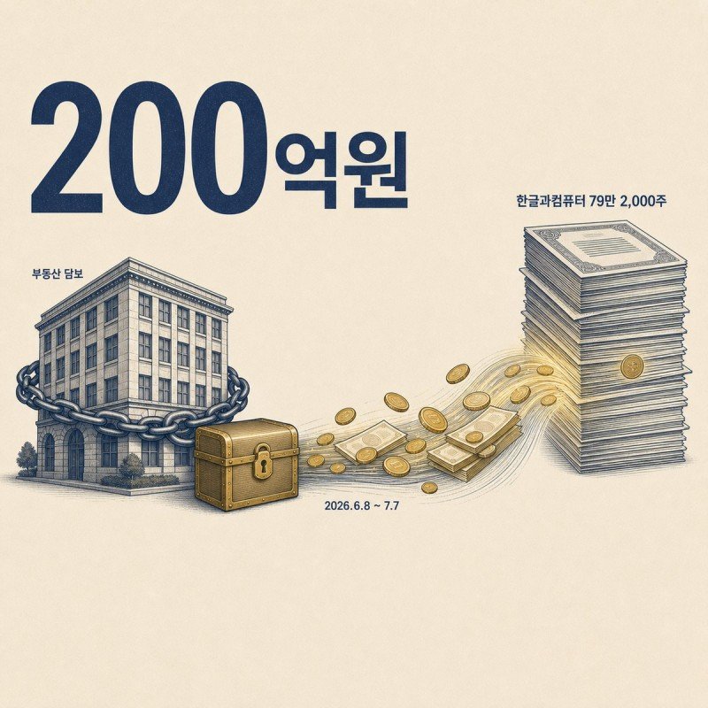 부동산을 담보로 빌린 200억원이 한글과컴퓨터 주식 79만 2,000주가 되는 흐름