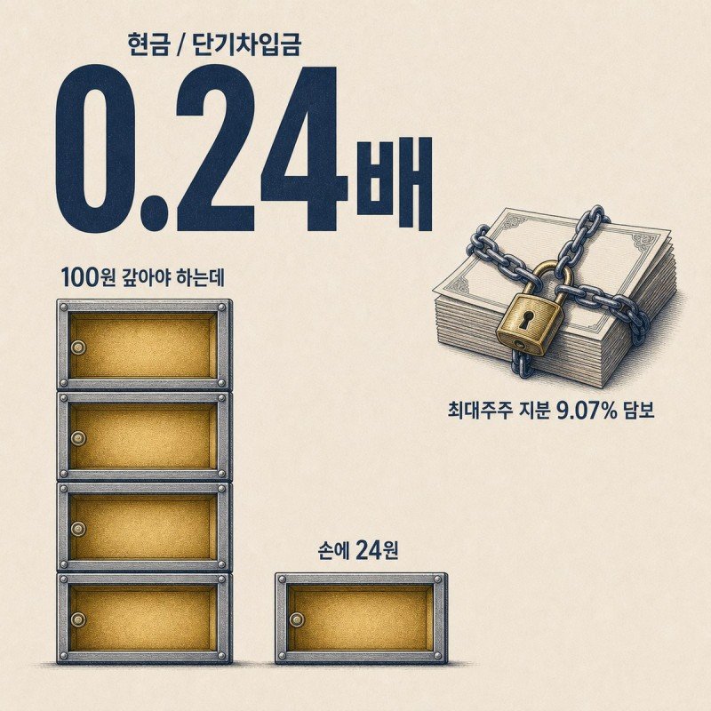 갚을 돈 100원에 손에 든 현금 24원. 그리고 담보로 묶인 최대주주 지분
