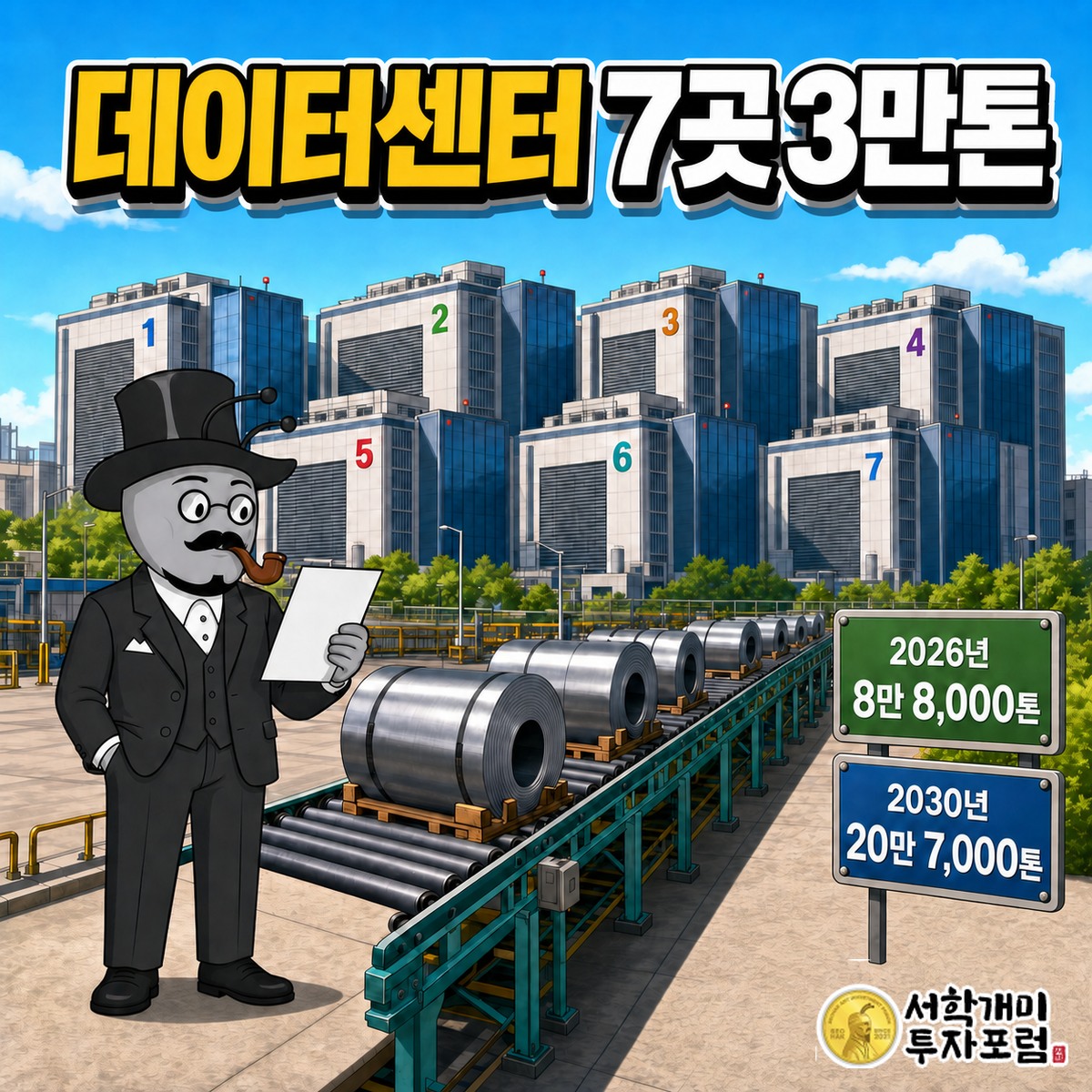 데이터센터 건물 7채로 철강재가 실려 가는 컨베이어와 2026년 8만 8,000톤에서 2030년 20만 7,000톤으로 늘어나는 목표 표지판