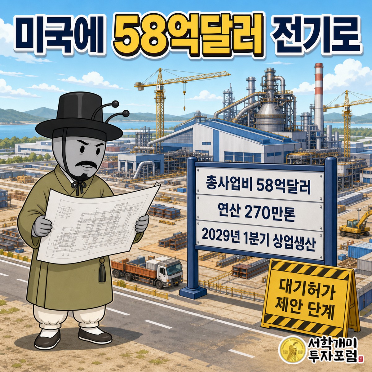 루이지애나 부지에 58억달러 연산 270만톤 전기로 제철소 조감도와 대기허가 제안 단계 2026년 9월 2일 의견 마감 표지판