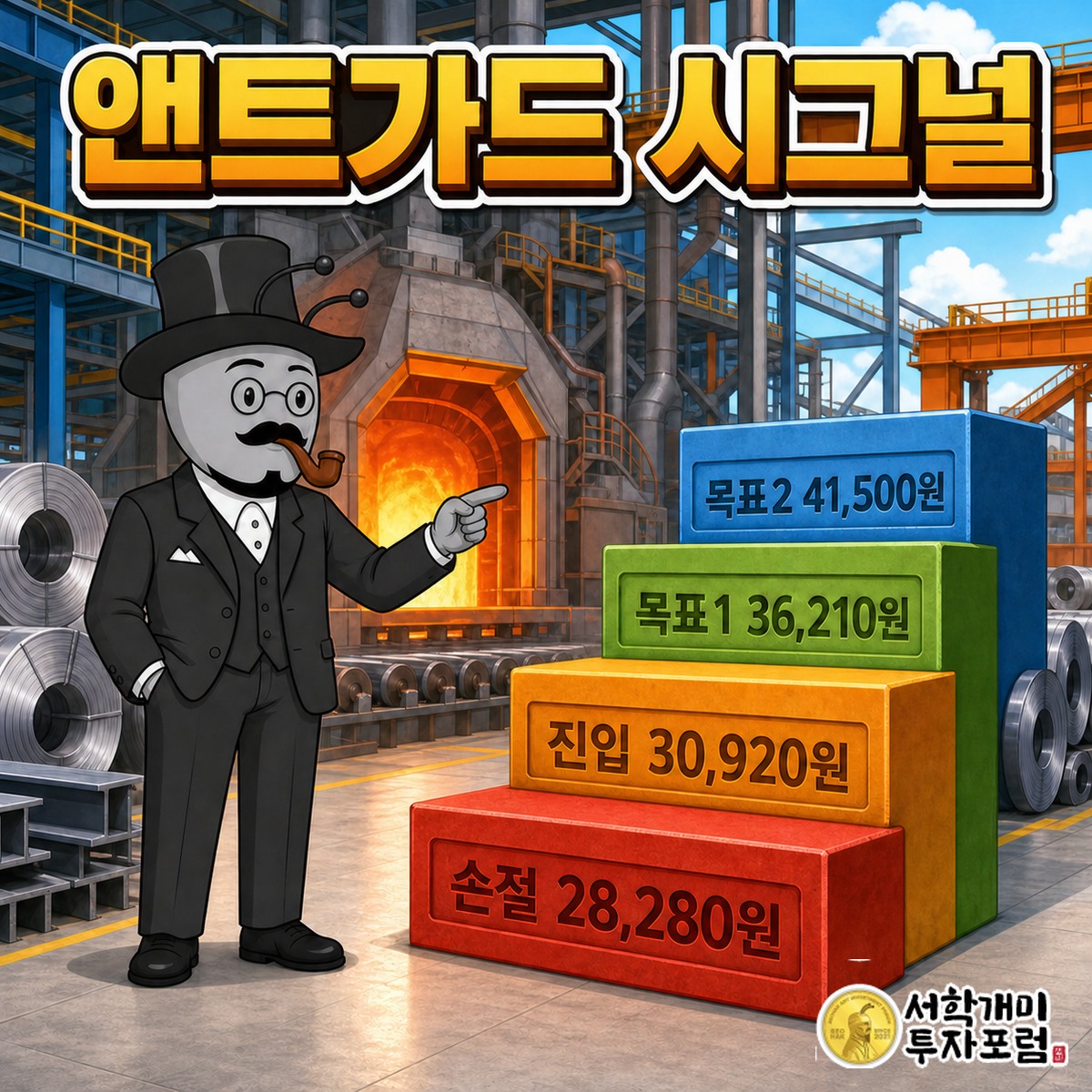 진입 , 손절 , 목표1 , 목표2 이 계단형으로 배치된 앤트가드 시그널 네 숫자