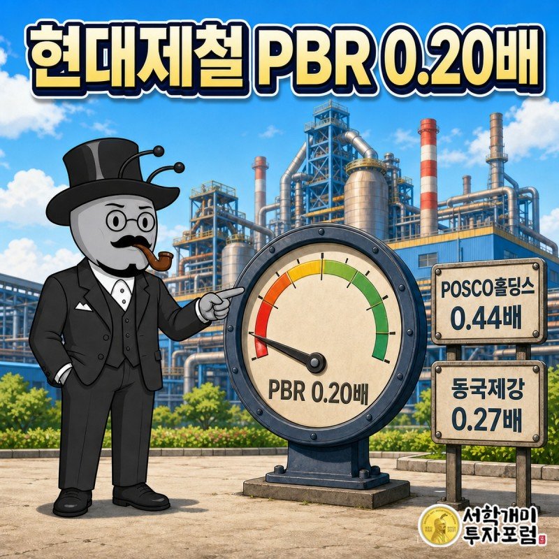 현대제철 제철소 전경과 PBR 0.20배, 순이익 4,430억에서 14억으로 줄어든 계기판을 보는 서민개미 커버