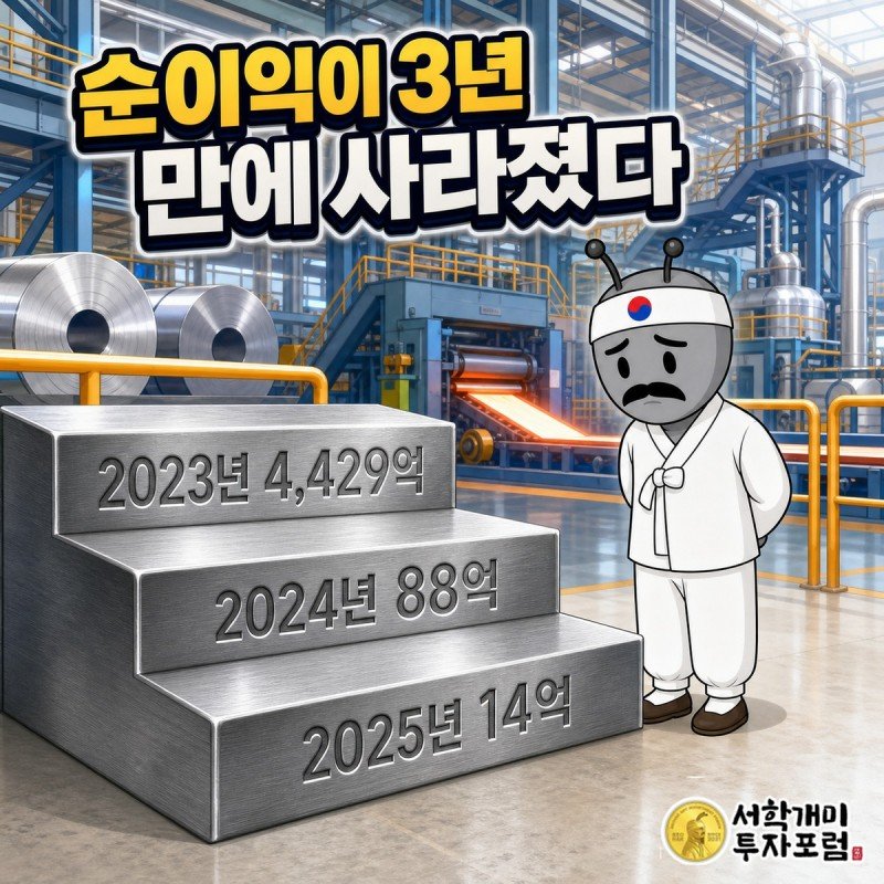 2023년 4,429억 8,000만원에서 2024년 88억 1,000만원, 2025년 13억 9,000만원으로 급격히 낮아지는 세 개의 계단과 이를 내려다보는 서민개미