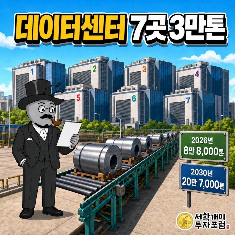 데이터센터 건물 7채로 철강재가 실려 가는 컨베이어와 2026년 8만 8,000톤에서 2030년 20만 7,000톤으로 늘어나는 목표 표지판
