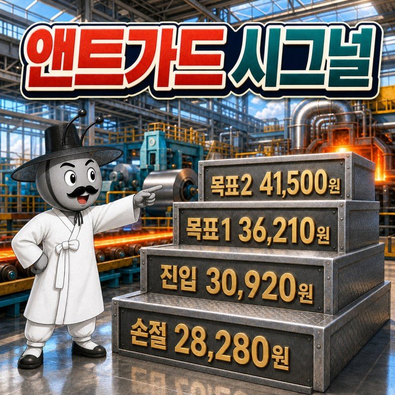 진입 30,920원, 손절 28,280원, 목표1 36,210원, 목표2 41,500원이 계단형으로 배치된 앤트가드 시그널 네 숫자