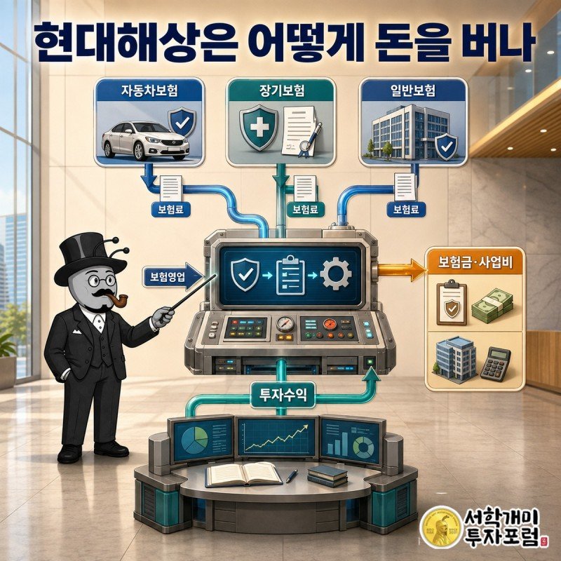 보험료가 보험금 지급과 자금 운용을 거쳐 이익으로 이어지는 현대해상 수익 구조