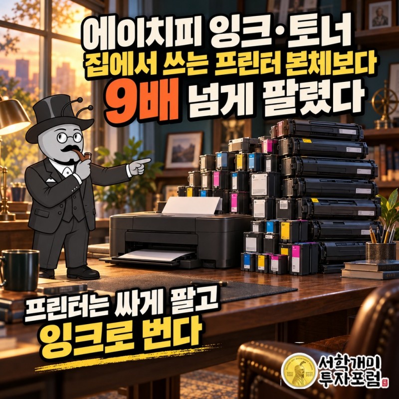 프린터 옆에 잉크 카트리지가 높이 쌓인 모습과 함께 