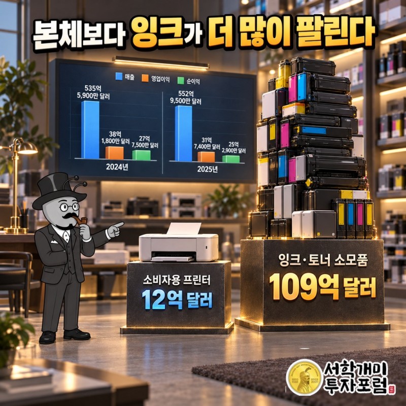 소비자용 프린터 본체 매출 12억 달러와 잉크·토너 소모품 매출 109억 달러를 나란히 비교한 막대