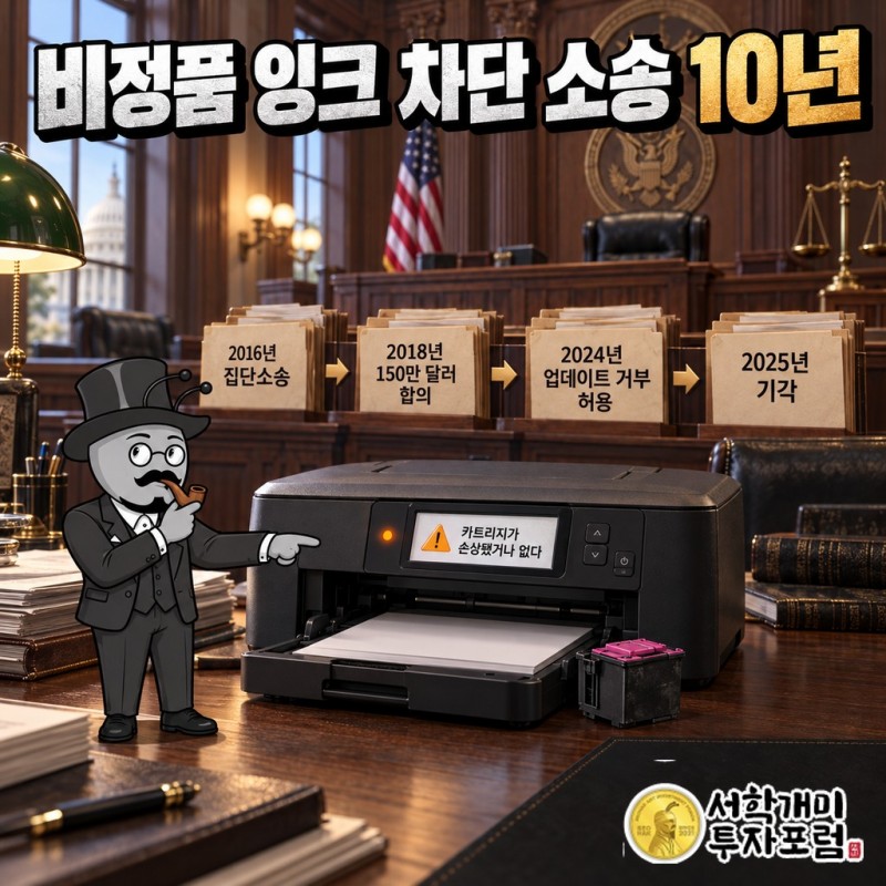 비정품 카트리지를 끼운 프린터 화면에 오류 메시지가 뜨고, 2016년부터 2025년까지 이어진 소송 흐름이 표시된 모습