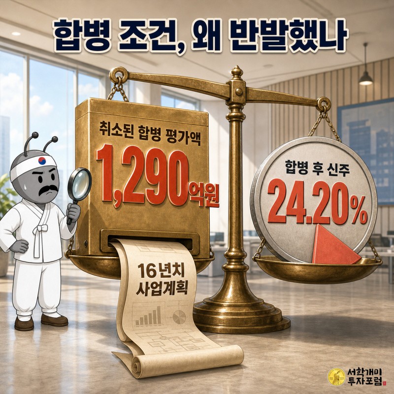 저울 한쪽에 취소된 합병 평가액 1,290억원 상자, 반대쪽에 합병 후 신주 24.20% 원반이 놓이고 16년치 사업계획 두루마리가 펼쳐진 장면