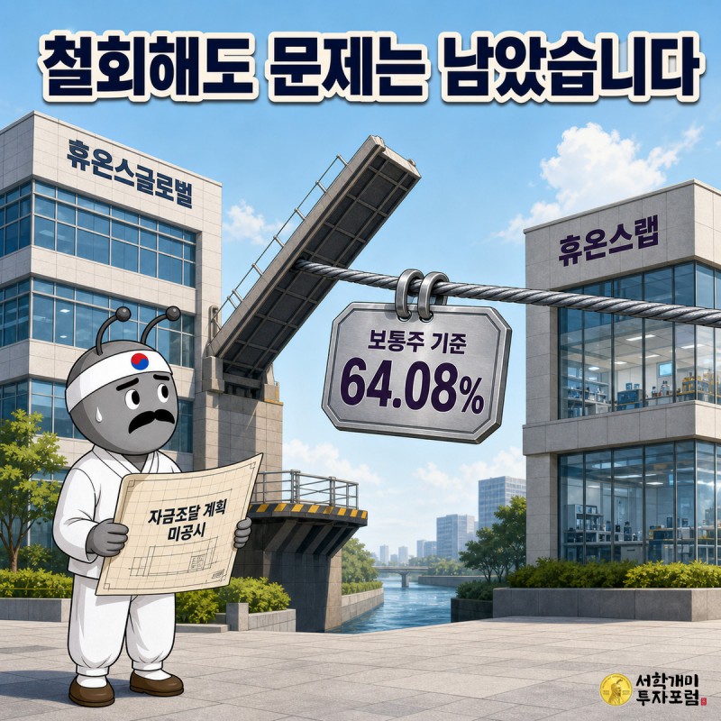 휴온스글로벌과 휴온스랩 건물 사이 도개교가 들려 끊긴 가운데 보통주 기준 64.08% 표찰이 걸리고 자금조달 계획 미공시 도면을 든 서민개미