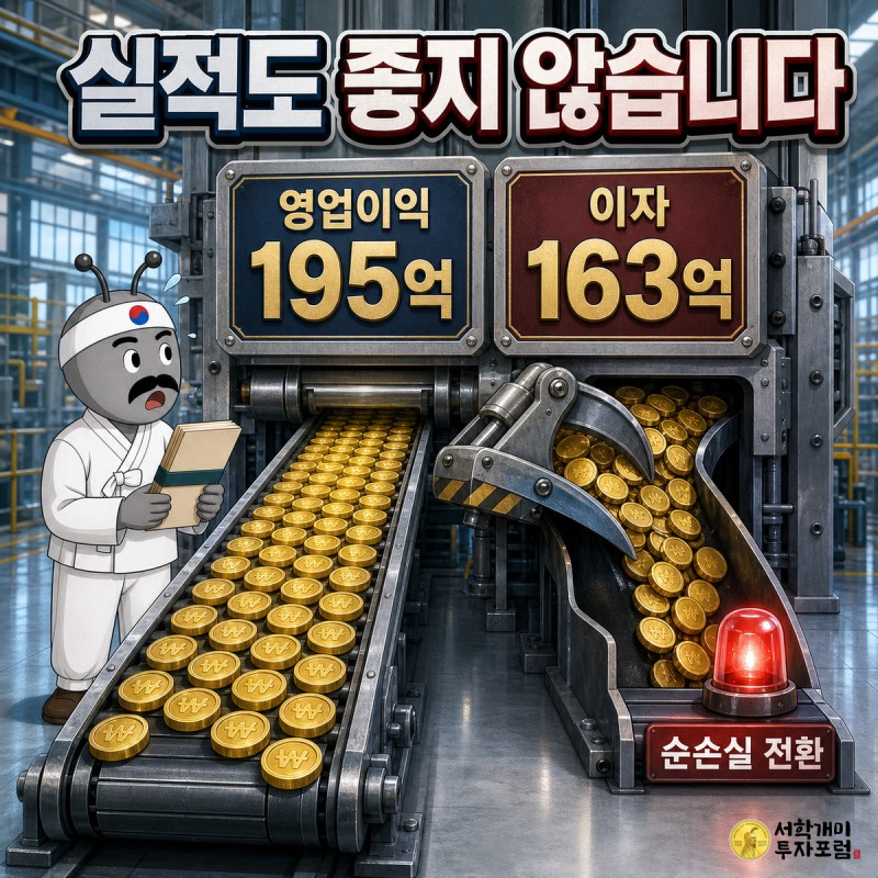 컨베이어에 영업이익 195억 동전이 흐르는데 이자 163억 집게가 퍼가고 순손실 전환 경광등이 켜진 공장 장면