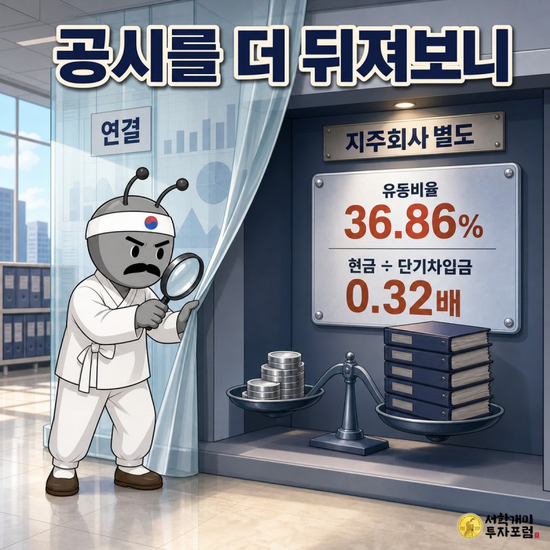 연결 장부 커튼을 젖히자 지주회사 별도 유동비율 36.86%, 현금 나누기 단기차입금 0.32배가 드러난 장면