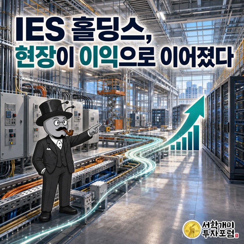 전기와 기계 설비가 연결된 대형 현장을 배경으로 매출과 두 이익이 함께 커진 IES 홀딩스를 보여주는 커버 장면