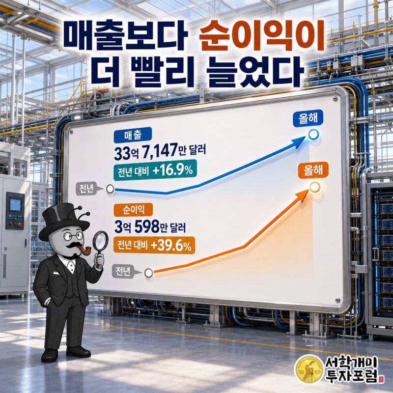이전 기간과 최근 기간의 매출, 영업이익, 순이익이 나란히 늘어난 IES 홀딩스 실적 비교 장면