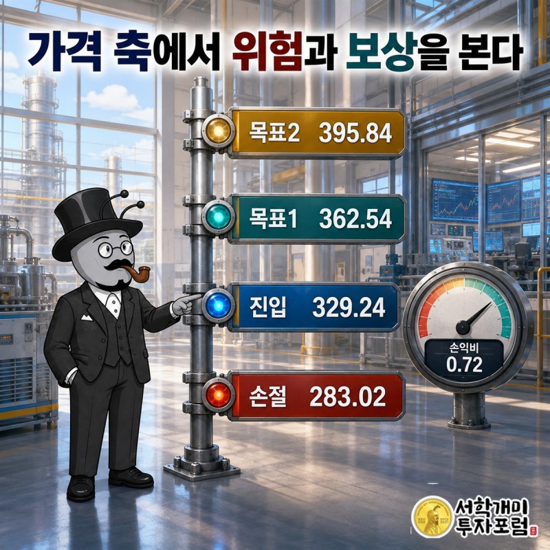 IES 홀딩스의 진입가와 손절가, 첫째 목표가와 둘째 목표가를 한 가격 축에 놓고 서로 다른 간격으로 보여주는 장면
