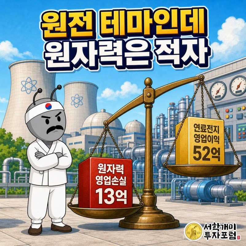 원자력 부문 영업손실 13억과 연료전지 영업이익 52억이 저울 양쪽에 놓인 일진파워 커버, 서민개미가 원전 테마 팻말을 들고 갸웃하는 장면