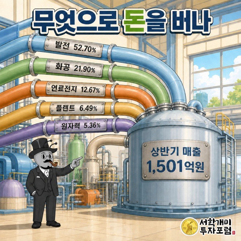 발전 52.70퍼센트, 화공 21.90퍼센트, 연료전지 12.67퍼센트, 플랜트 6.49퍼센트, 원자력 5.36퍼센트로 나뉜 여섯 개의 파이프가 매출 1,501억 통으로 모이는 장면
