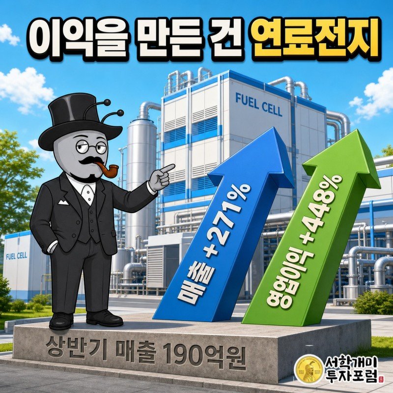 연료전지 발전소 앞에서 매출 271퍼센트 증가와 영업이익 448퍼센트 증가 화살표가 치솟는 장면