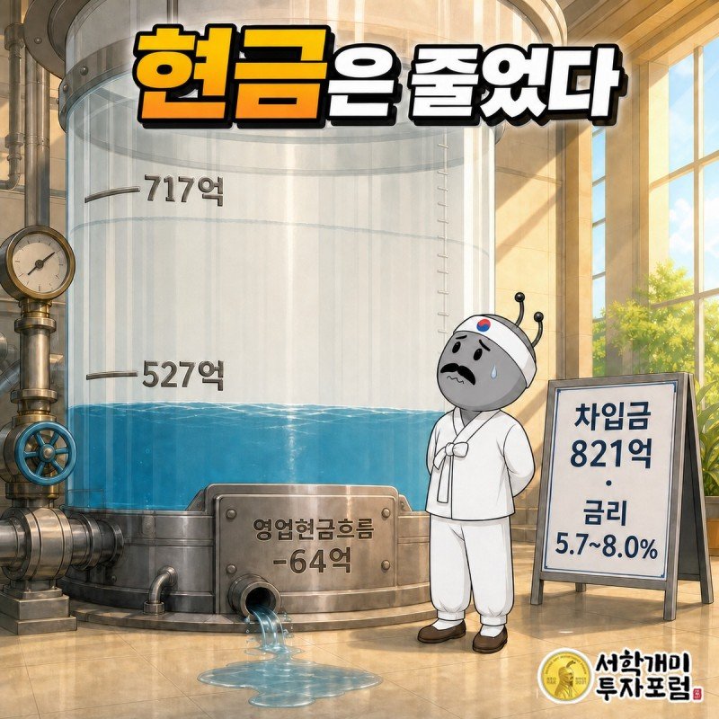 영업현금흐름 마이너스 64억 구멍과 현금 717억에서 527억으로 줄어든 물탱크, 차입금 821억 금리 5.7에서 8.0퍼센트 표지판