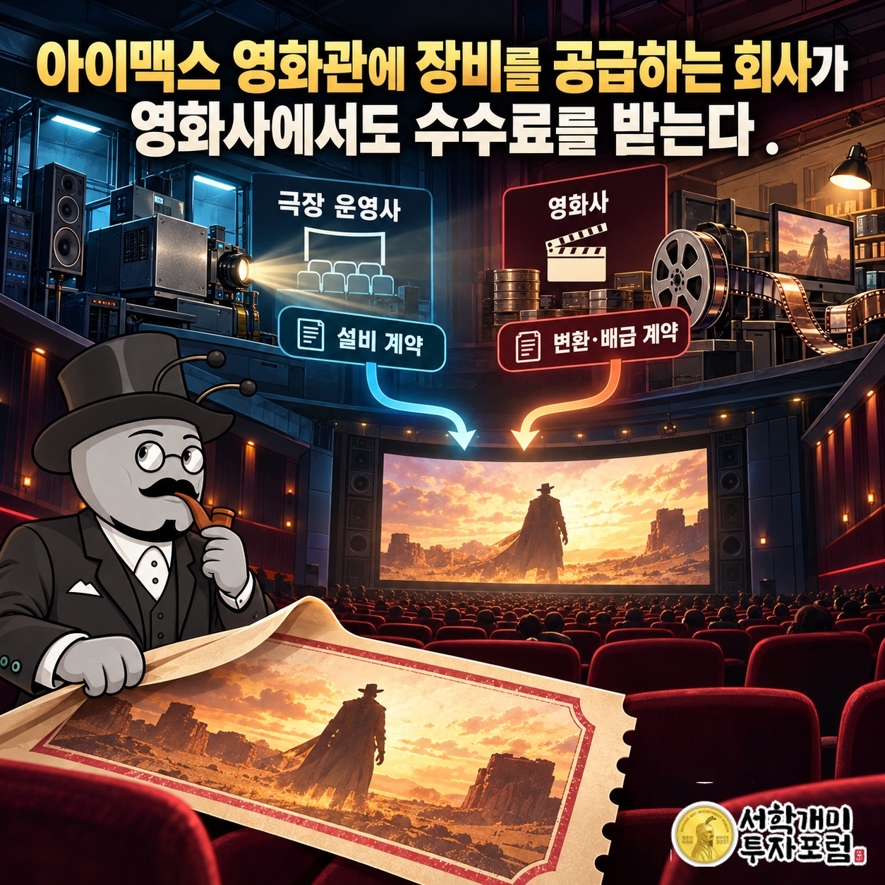 아이맥스 영화관 입장권 뒤로 극장 운영사의 설비 계약과 영화사의 변환·배급 계약이 이어지는 구조