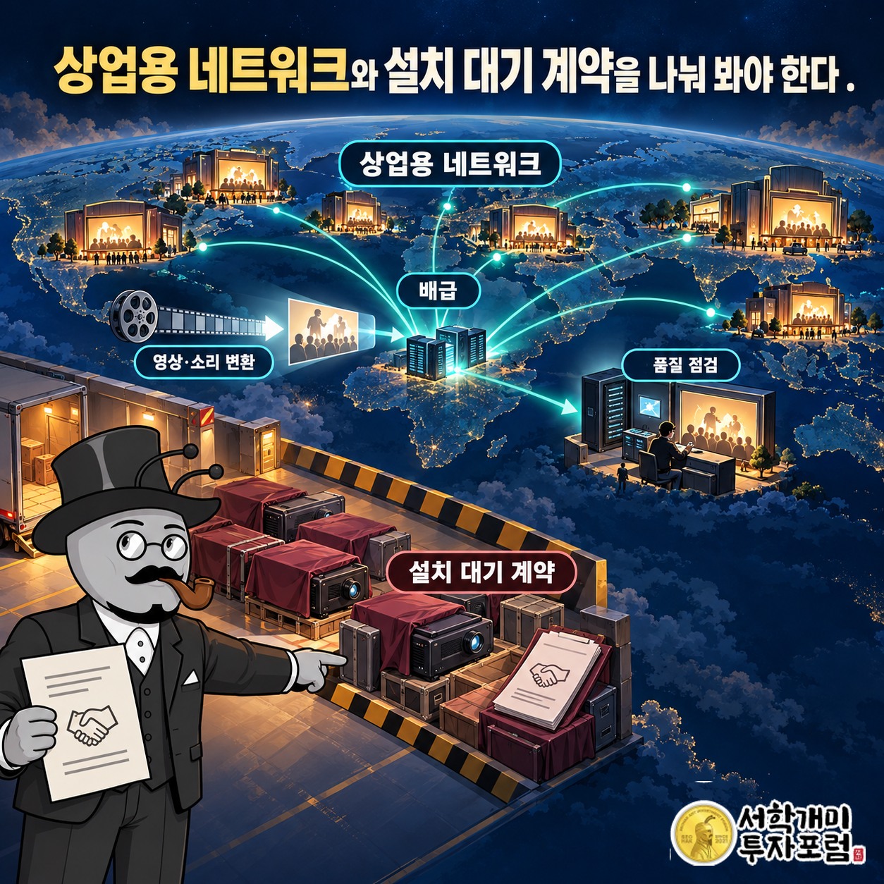 여러 지역의 극장으로 이어진 아이맥스 상업용 네트워크와 계약 후 설치 대기 설비의 구분