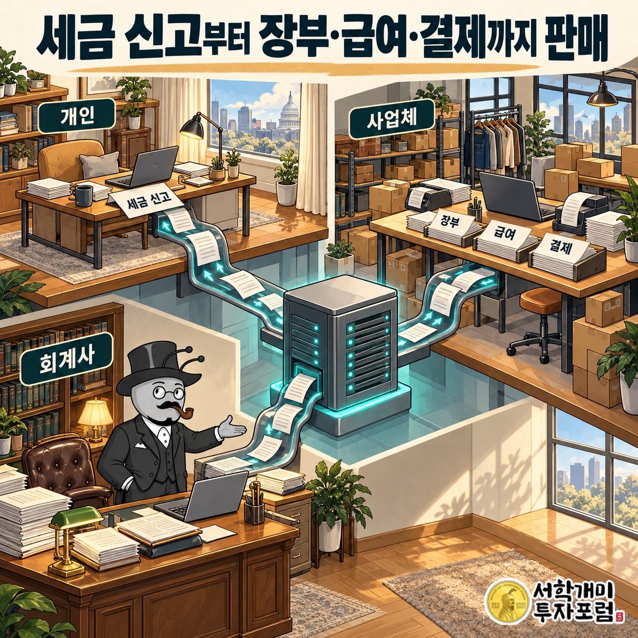 개인과 사업체, 담당 회계사가 세금 신고·장부·급여·결제 서비스를 이용하는 구조