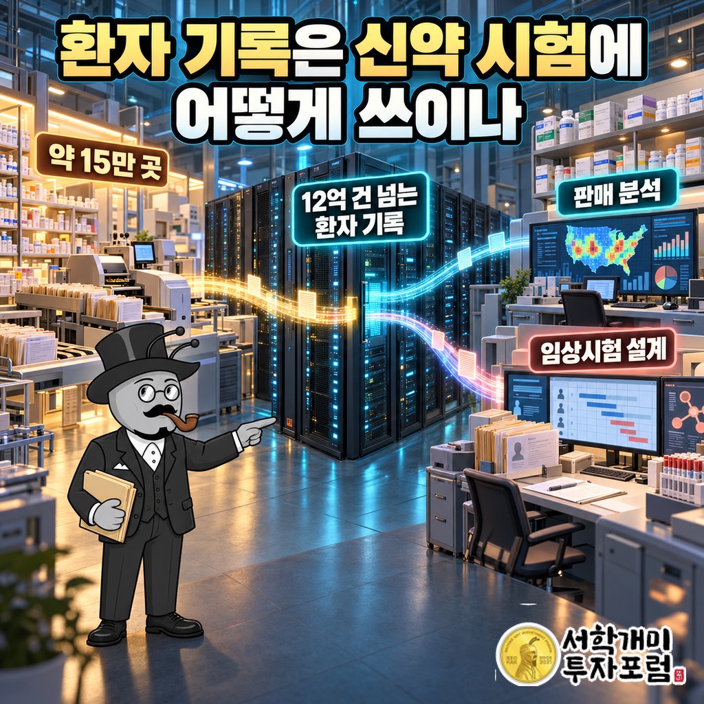 15만 곳의 데이터 공급처와 12억 건이 넘는 환자 기록이 판매 분석과 임상시험 설계로 이어지는 흐름