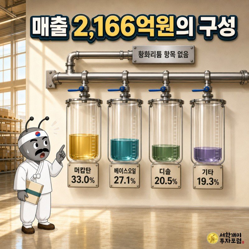 2026년 상반기 매출 2166억원의 구성 - 머캅탄 33.0%, 베이스오일 27.1%, 디솔 20.5%, 기타 19.3%. 황화리튬 항목 없음