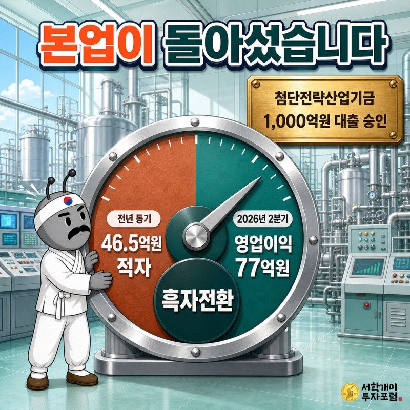 2026년 2분기 영업이익 77억원, 전년 동기 46.5억원 적자에서 흑자전환. 첨단전략산업기금 1,000억원 대출 승인