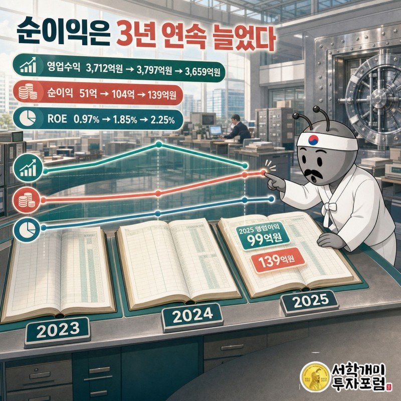 2023년부터 2025년까지 영업수익·순이익·ROE 추이
