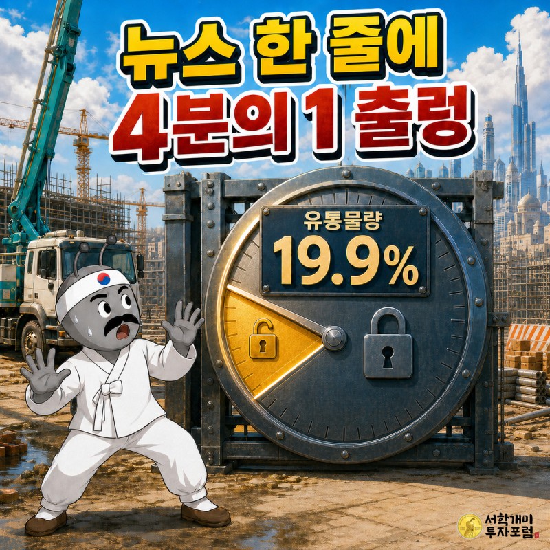 건설 현장 앞 대형 금고 계기판에 유통물량 19.9%가 표시되고 서민개미가 놀라 물러서는 커버 이미지