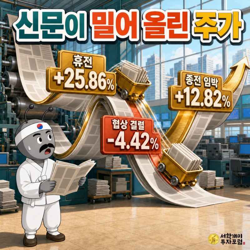 윤전기에서 뽑혀 나온 신문 위로 휴전 +25.86%, 협상 결렬 -4.42%, 종전 임박 +12.82% 팻말이 오르내리는 장면