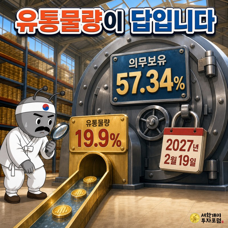 대형 금고에 의무보유 57.34% 표지판과 2027년 2월 19일 달력이 걸리고, 유통물량 19.9%라 적힌 좁은 통로로 동전이 흘러나오는 장면