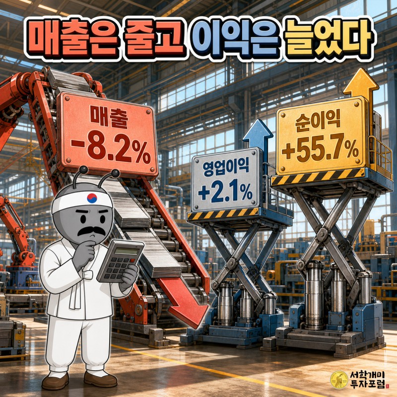 공장 안에서 매출 -8.2% 표지판은 내려가는 컨베이어에, 영업이익 +2.1%와 순이익 +55.7% 표지판은 리프트 위로 올라가는 장면