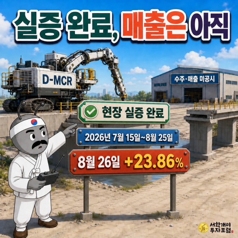 D-MCR 자율 타설 장비 앞에 현장 실증 완료 2026년 7월 15일~8월 25일, 8월 26일 +23.86% 표지판이 서 있고 뒤편 건물에 수주·매출 미공시가 적힌 장면