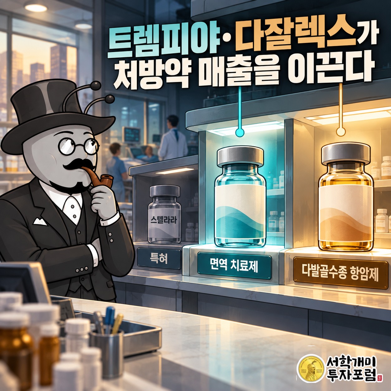 특허가 끝난 스텔라라와 매출을 만드는 트렘피야·다잘렉스를 함께 보여 주는 처방약 사업