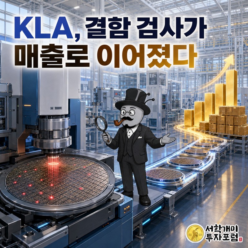 반도체 생산 라인에서 미세한 결함을 찾아내는 검사 장비와 늘어난 매출, 연구개발 투자를 함께 보여주는 KLA 커버 장면