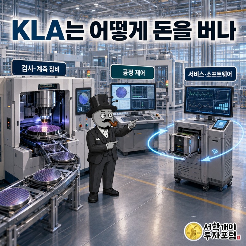 반도체 웨이퍼가 여러 공정을 지나는 동안 KLA의 검사와 측정 장비가 이상을 찾고 생산 판단으로 이어 주는 회사 구조 장면
