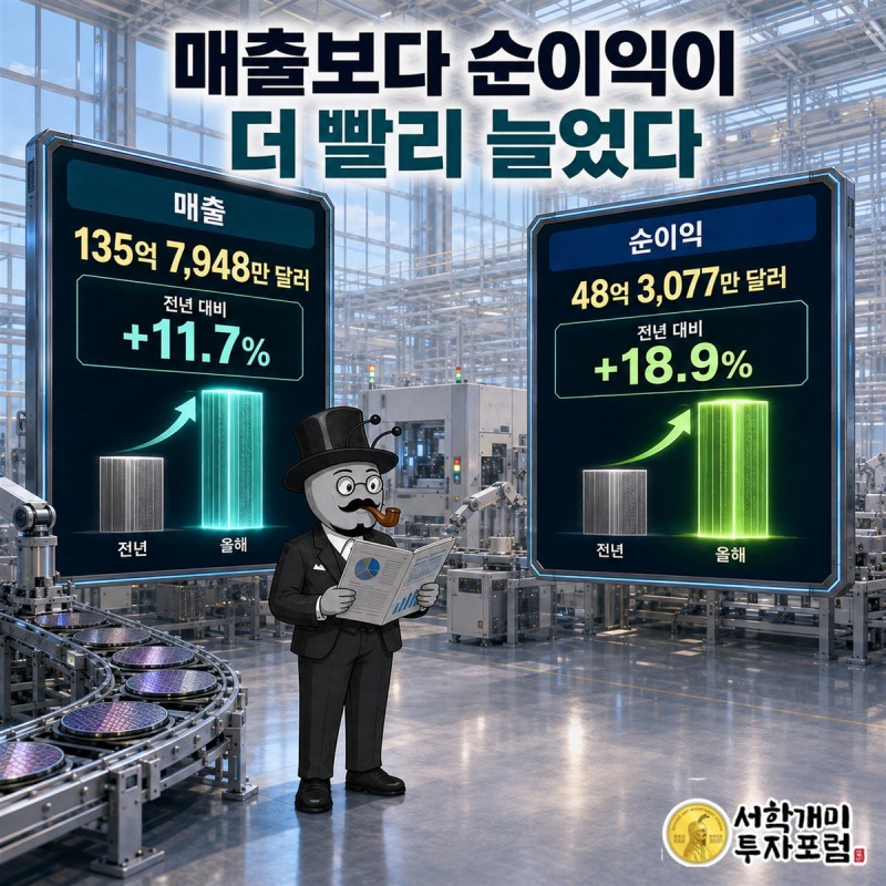 이전 기간과 최근 기간의 매출, 영업이익, 순이익, 연구개발비 흐름을 나란히 비교하는 KLA 실적 장면