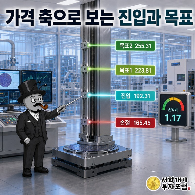 KLA의 진입가와 손절가, 첫째 목표가와 둘째 목표가를 한 가격 축에 놓고 1센트 단위 문턱과 서로 다른 폭을 보여주는 장면