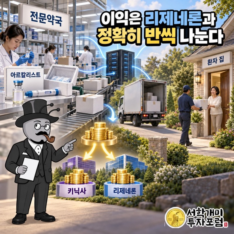 아르칼리스트가 전문약국을 거쳐 환자 집으로 배송되고 남은 이익을 리제네론과 반씩 나누는 돈의 흐름