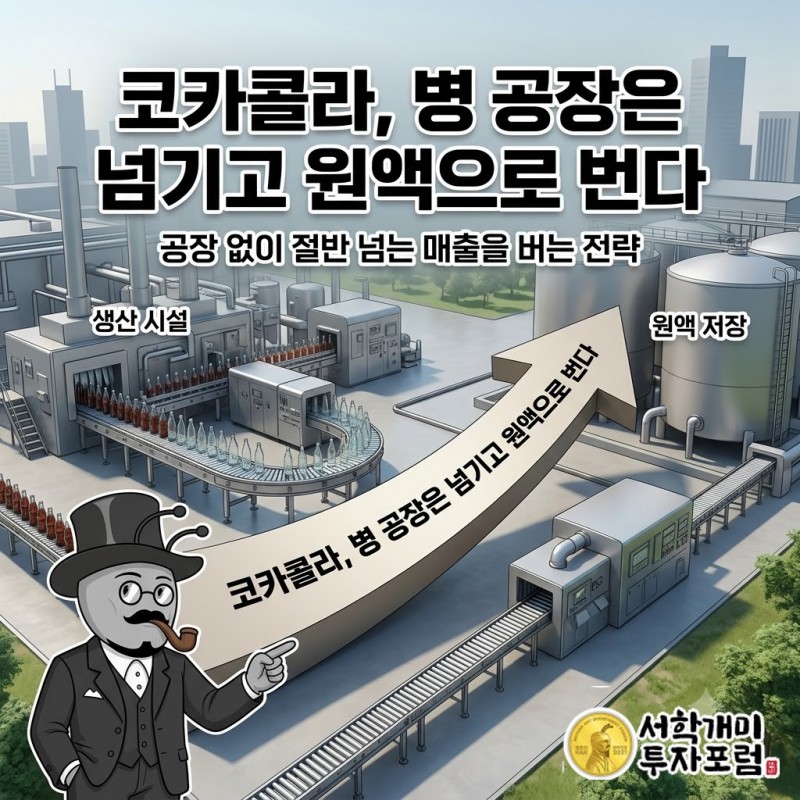 코카콜라 병과 원액 통을 잇는 화살표 위에 