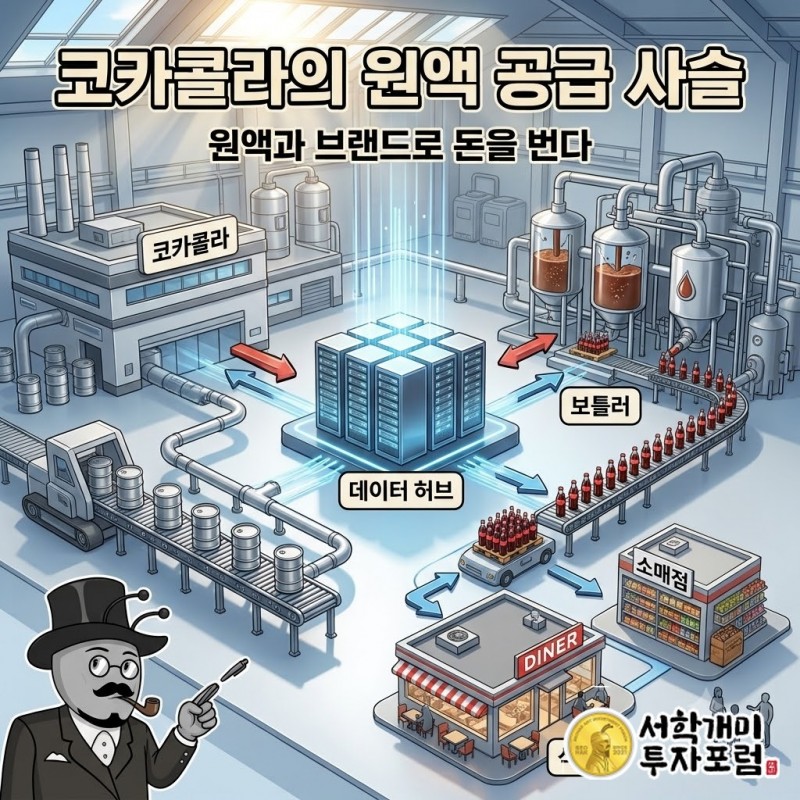 코카콜라가 원액을 보틀러에 팔고, 보틀러가 병에 담아 가게와 식당에 공급하는 흐름도
