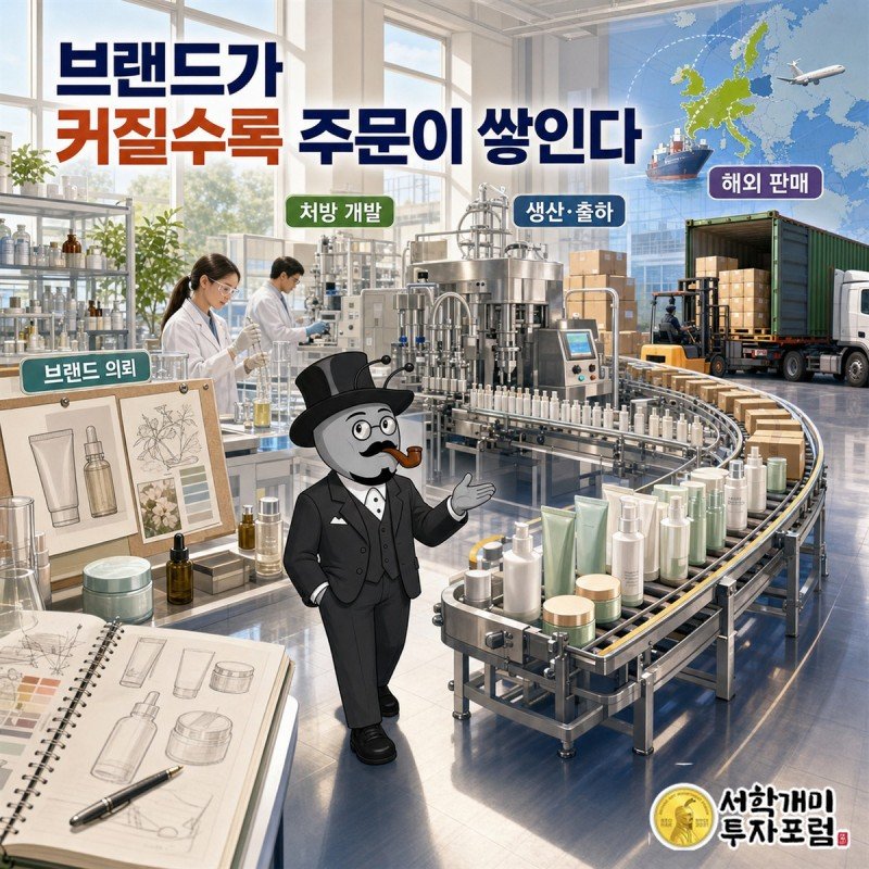 인디 브랜드의 제품 의뢰가 처방 개발과 생산을 거쳐 해외 판매로 이어지는 한국콜마 ODM 수익 구조